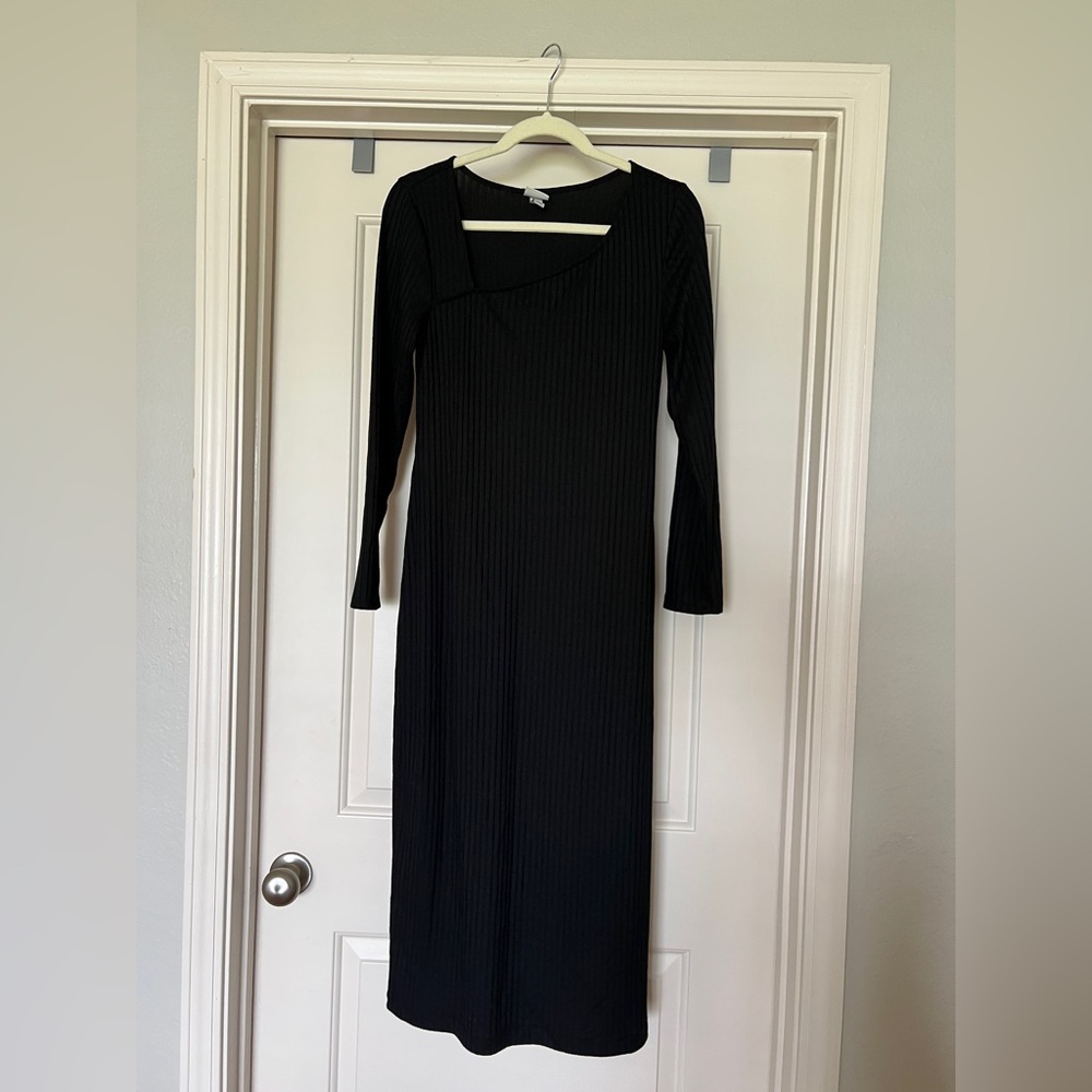 Black Bodycon ribbed dress with asymmetrical neckline